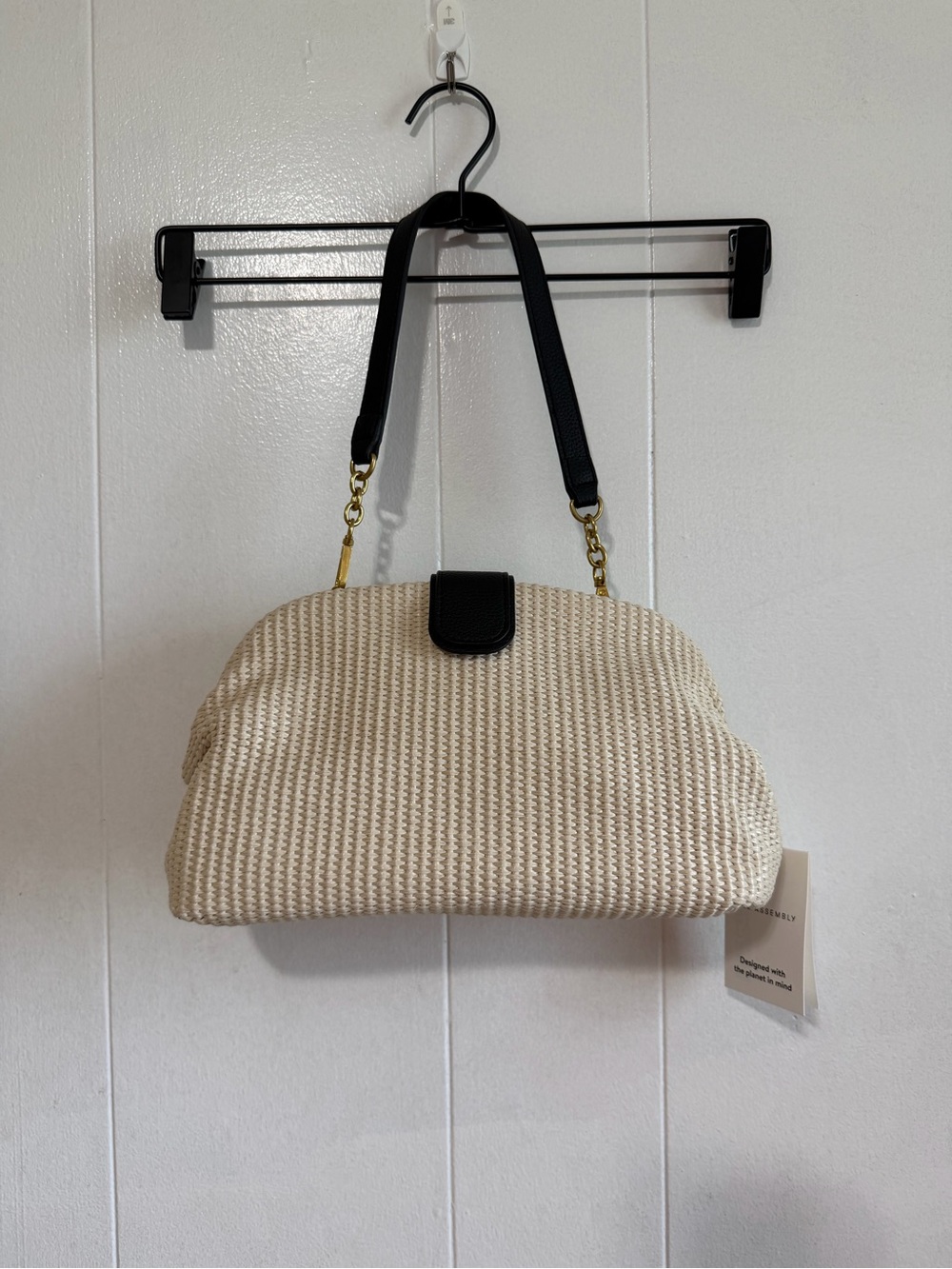 Free Assembly Woven Cream Shoulder bag Clutch with Black and Gold detailing